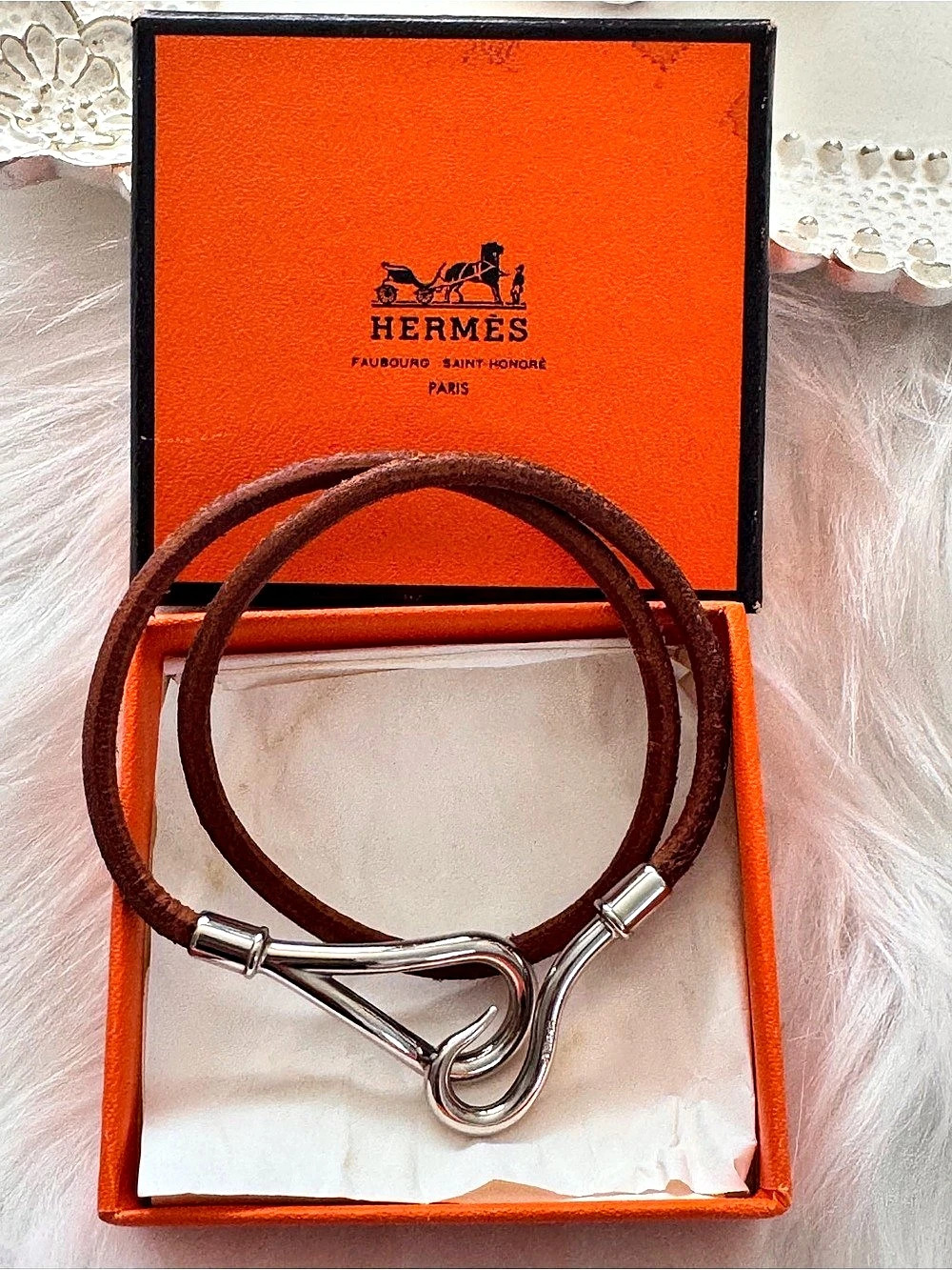 Hermès Jumbo Hook Wrap Bracelet Leather Brown & Silver